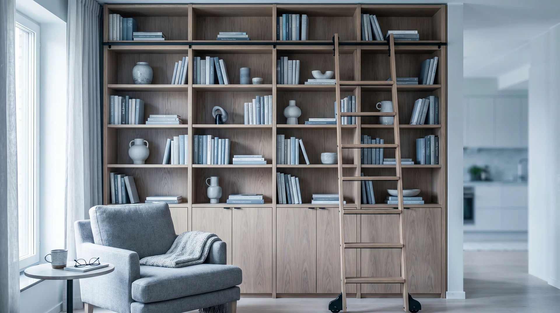 Stor träbokhylla med böcker och dekorativa föremål bredvid en fåtölj