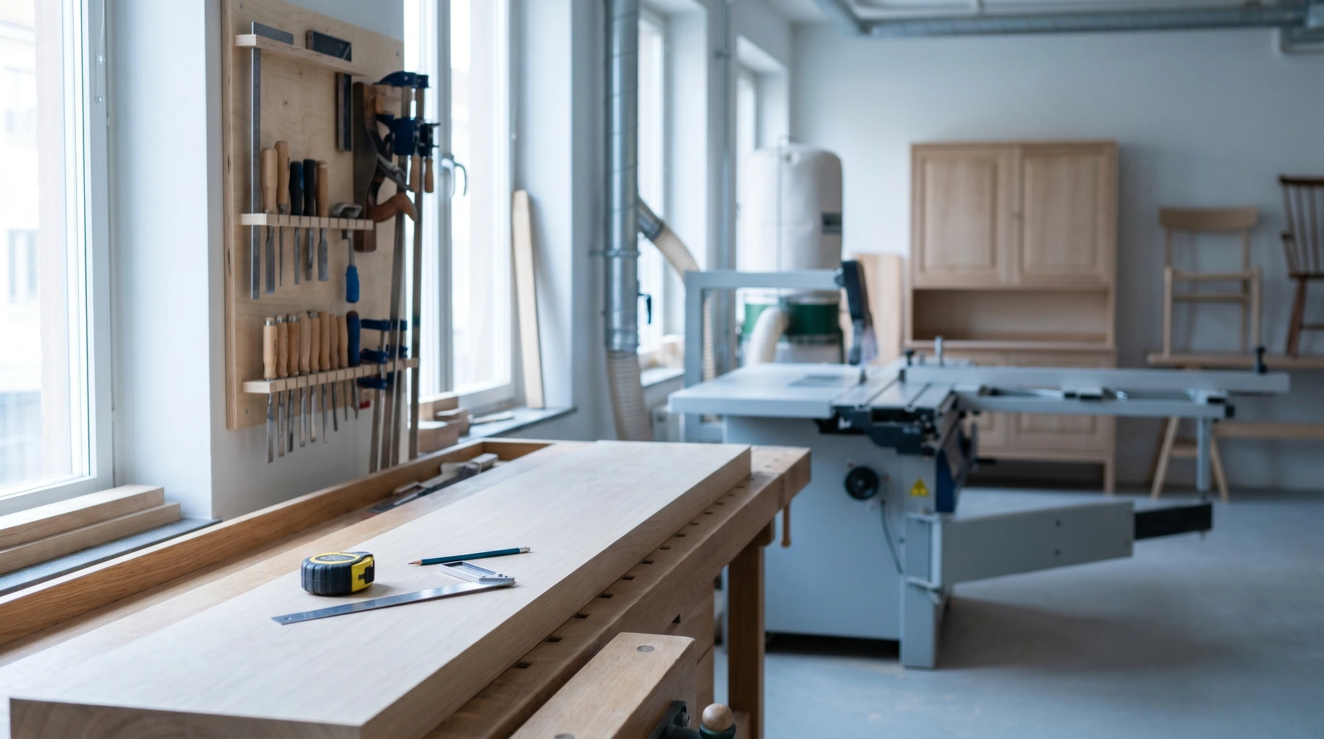 Ljust snickeriverkstad med arbetsbänk, verktyg och träarbeten i modernt industriutrymme.