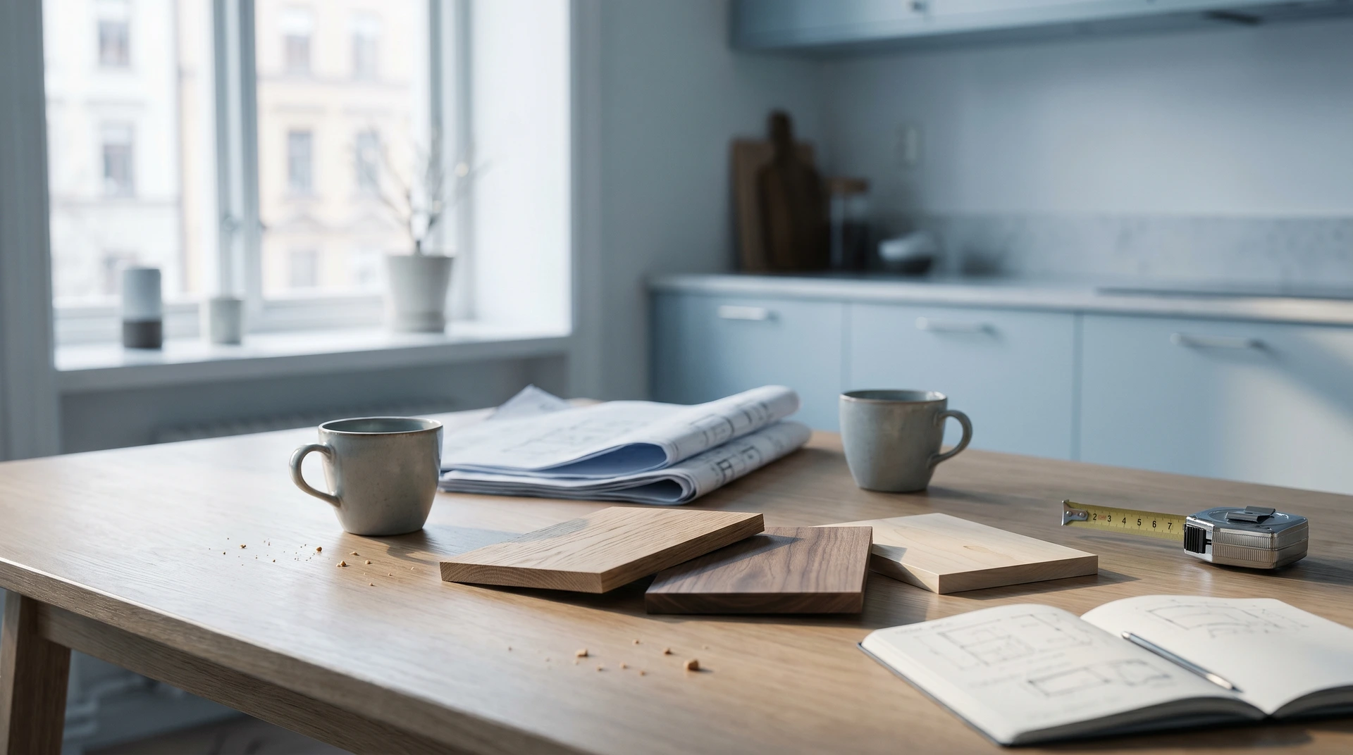 Köksrenovering pågår med träprover, måttband och ritningar på matbord.