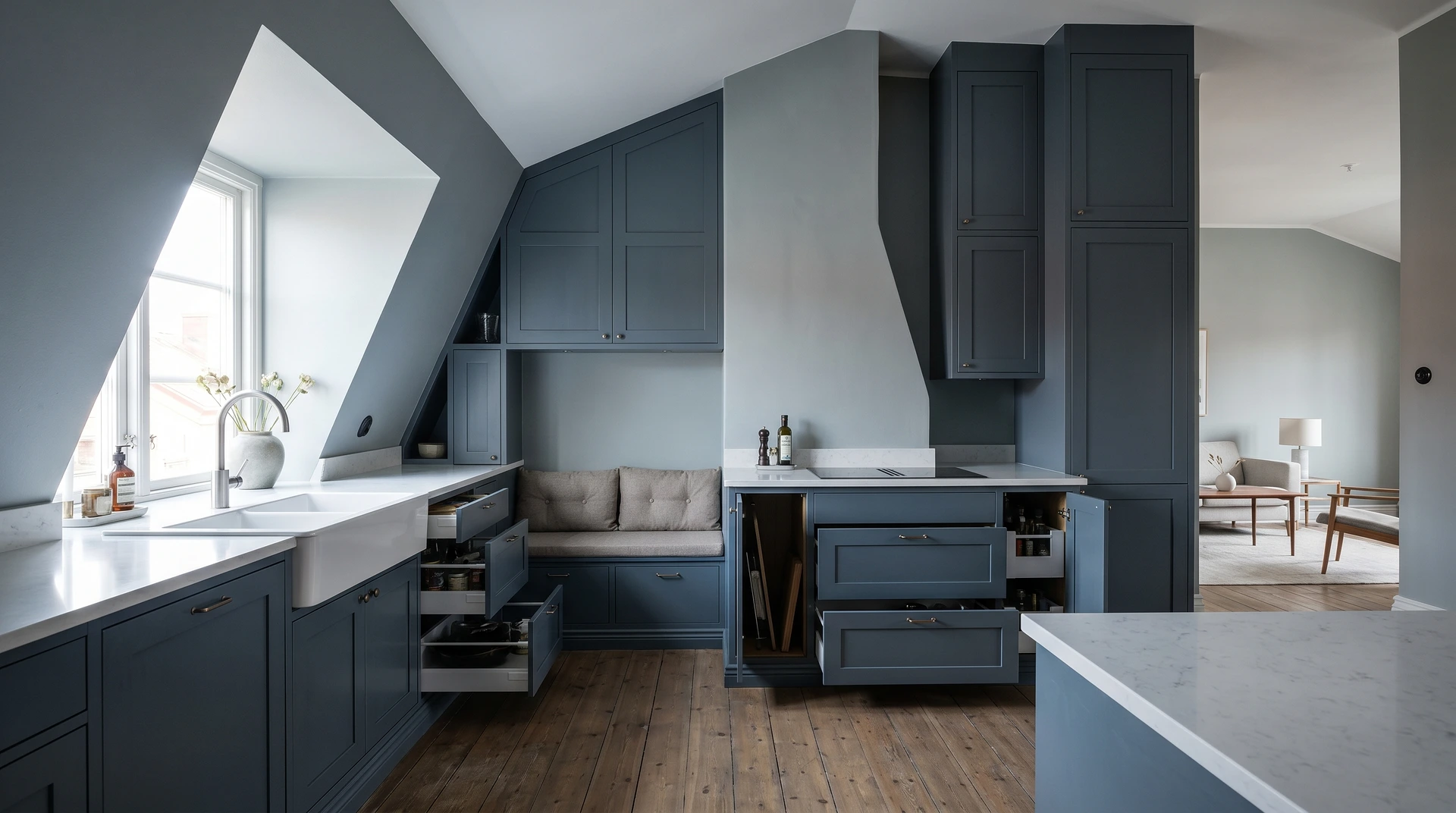 Modernt kök med blågrå skåp, vita bänkskivor och öppna lådor under snedtak.