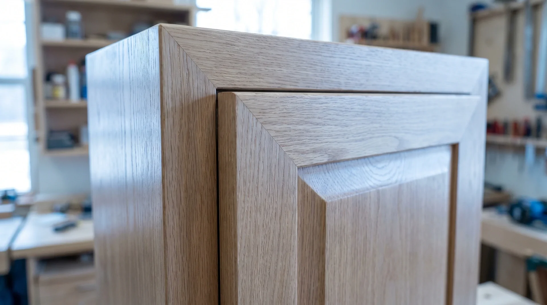 Närbildsdetalj av ljust träskåp med synlig fönsterkant i snickeriverkstad