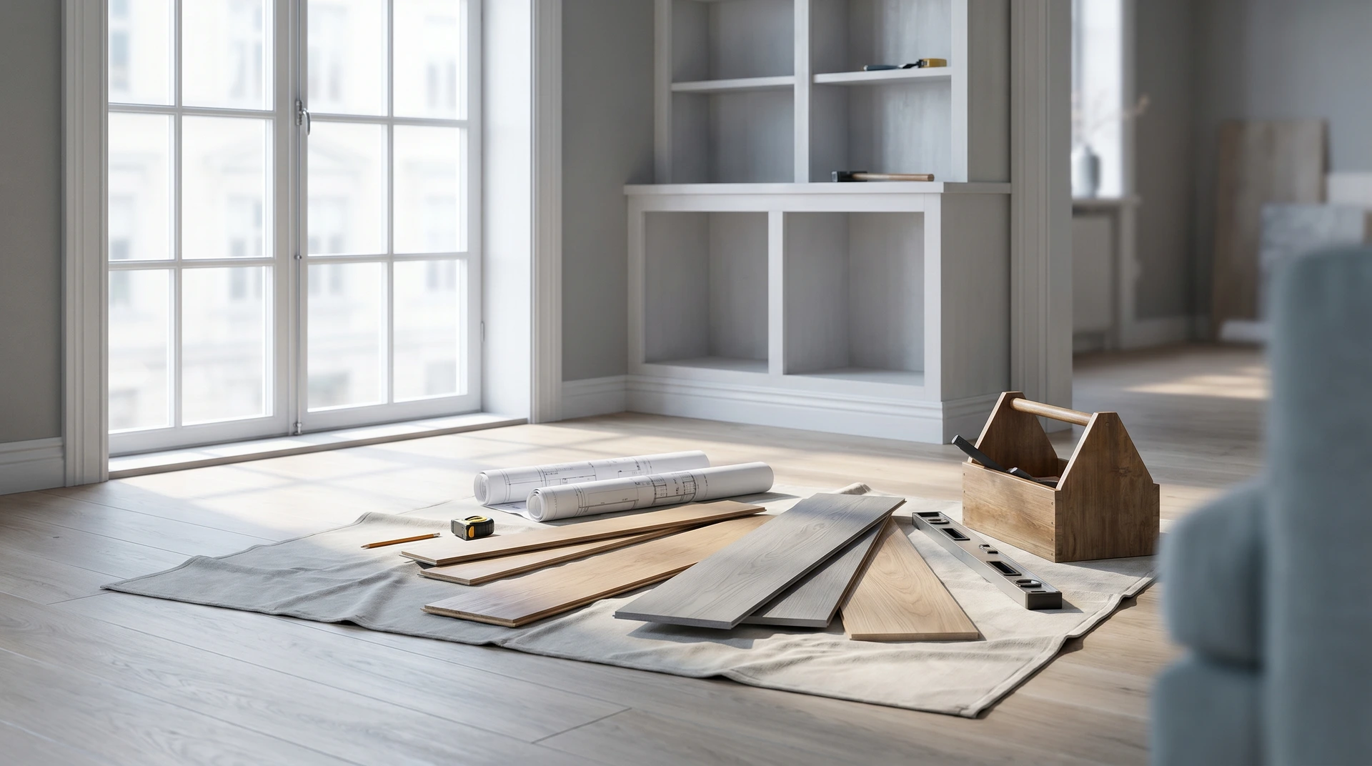 Tomrum med golvplankor, verktyg och byggmaterial utspridda på golvet.