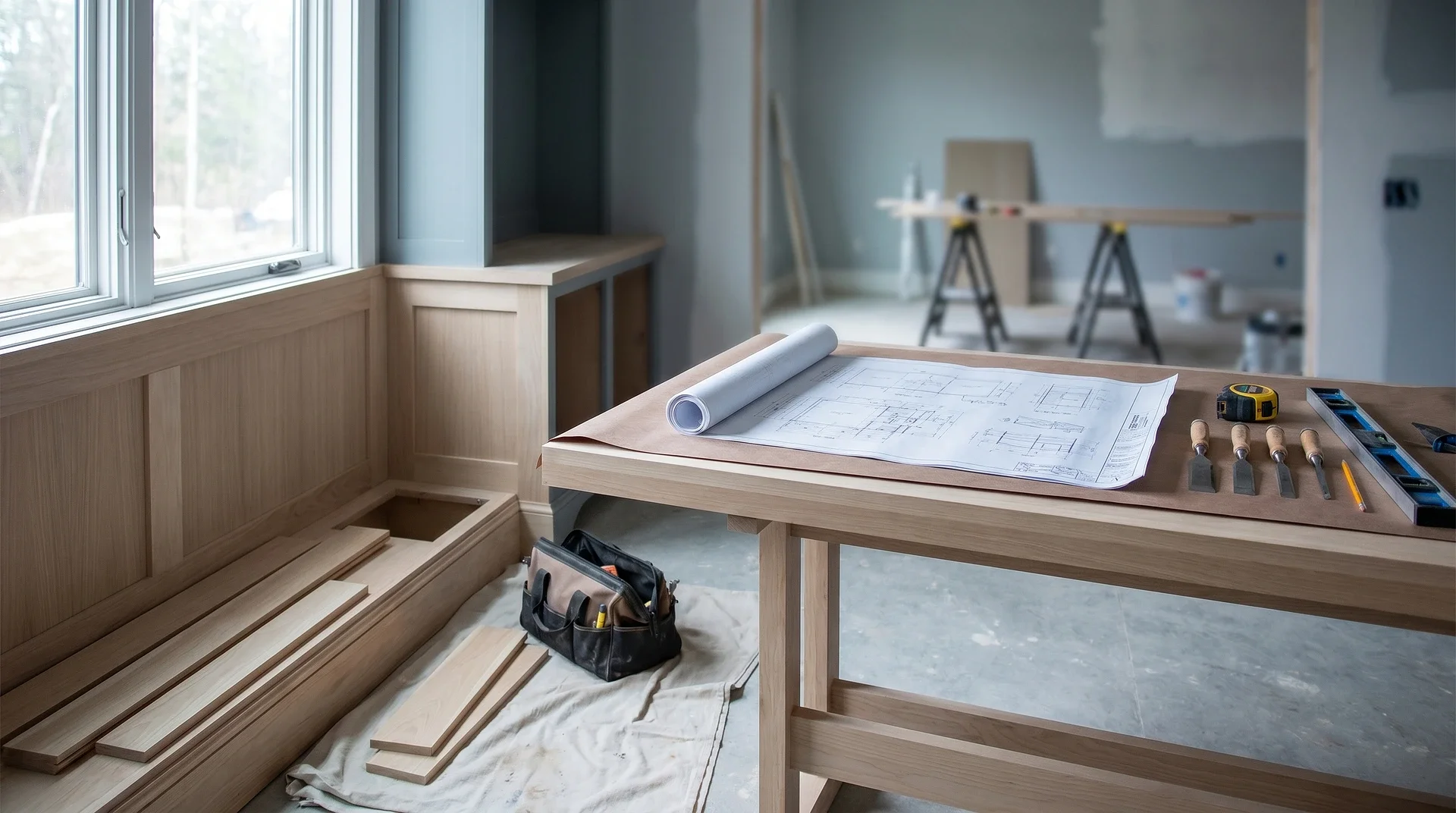 Renoveringsarbetsplats med ritningar, verktyg och trämaterial i ett rum under ombyggnad.