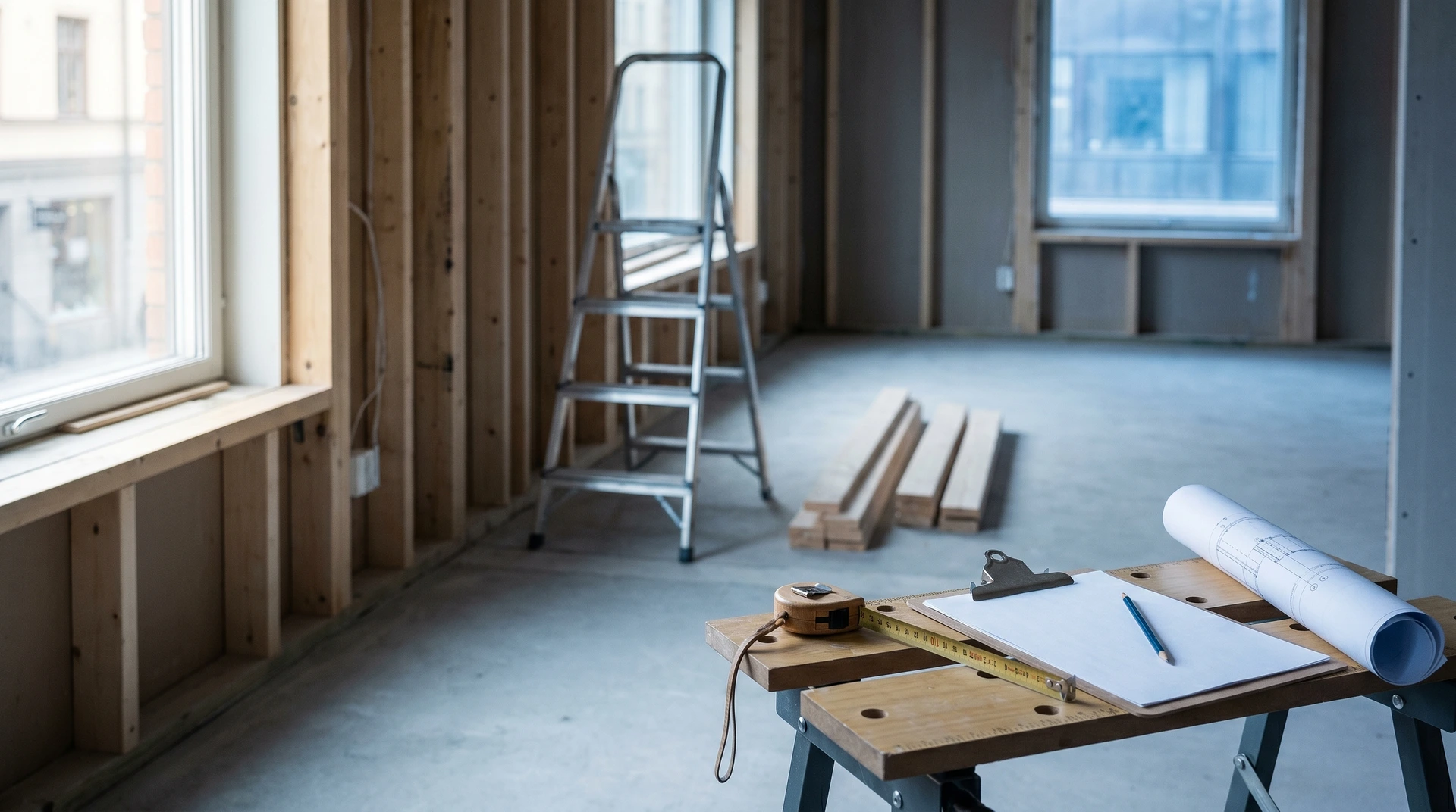 Renoveringsrum med stege, verktyg och ritningar på bord