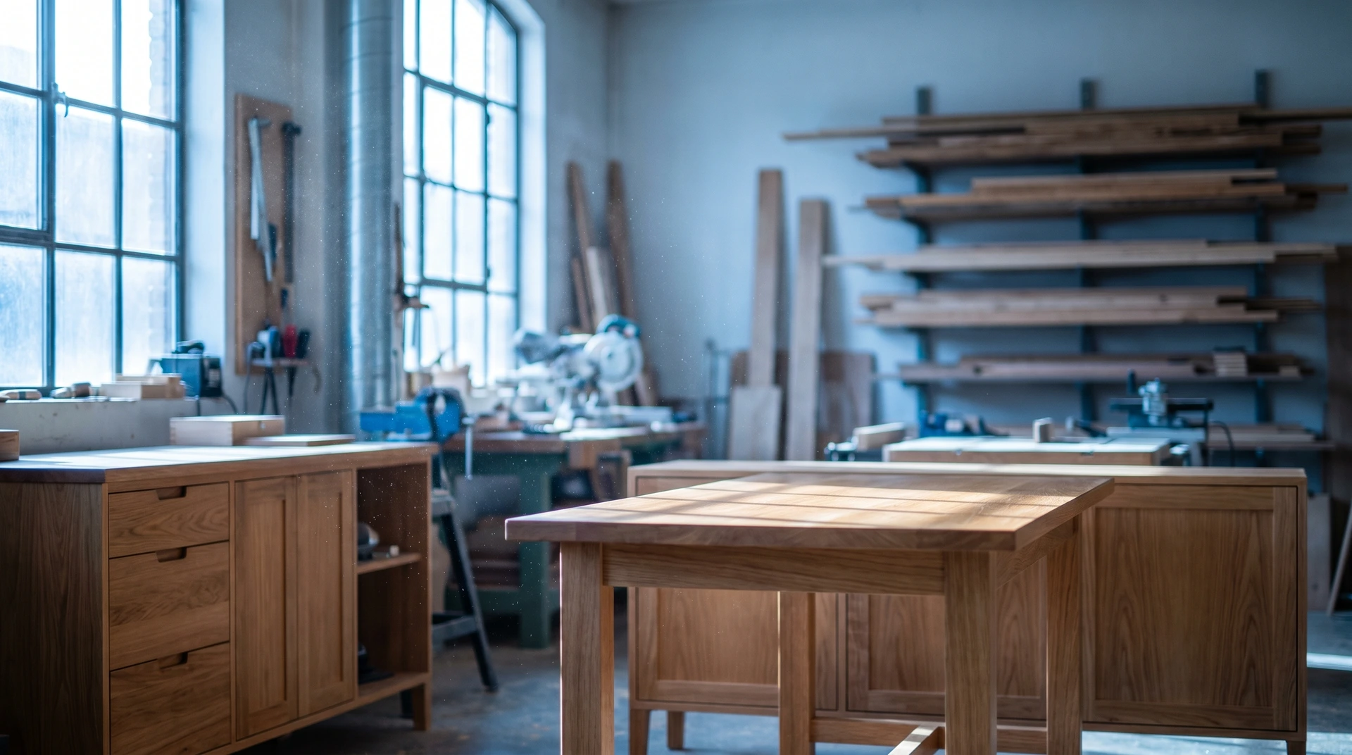 Möbelverkstad med träbord, förvaringsskåp och hyllor med plank vid fönster.