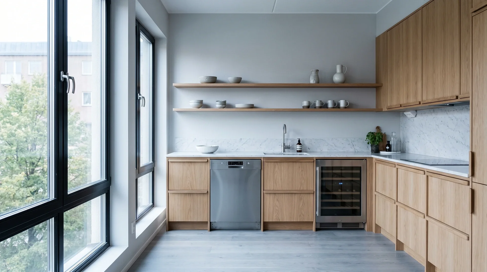 Modernt kök med träskåp, marmorbänkskiva och stora fönster.