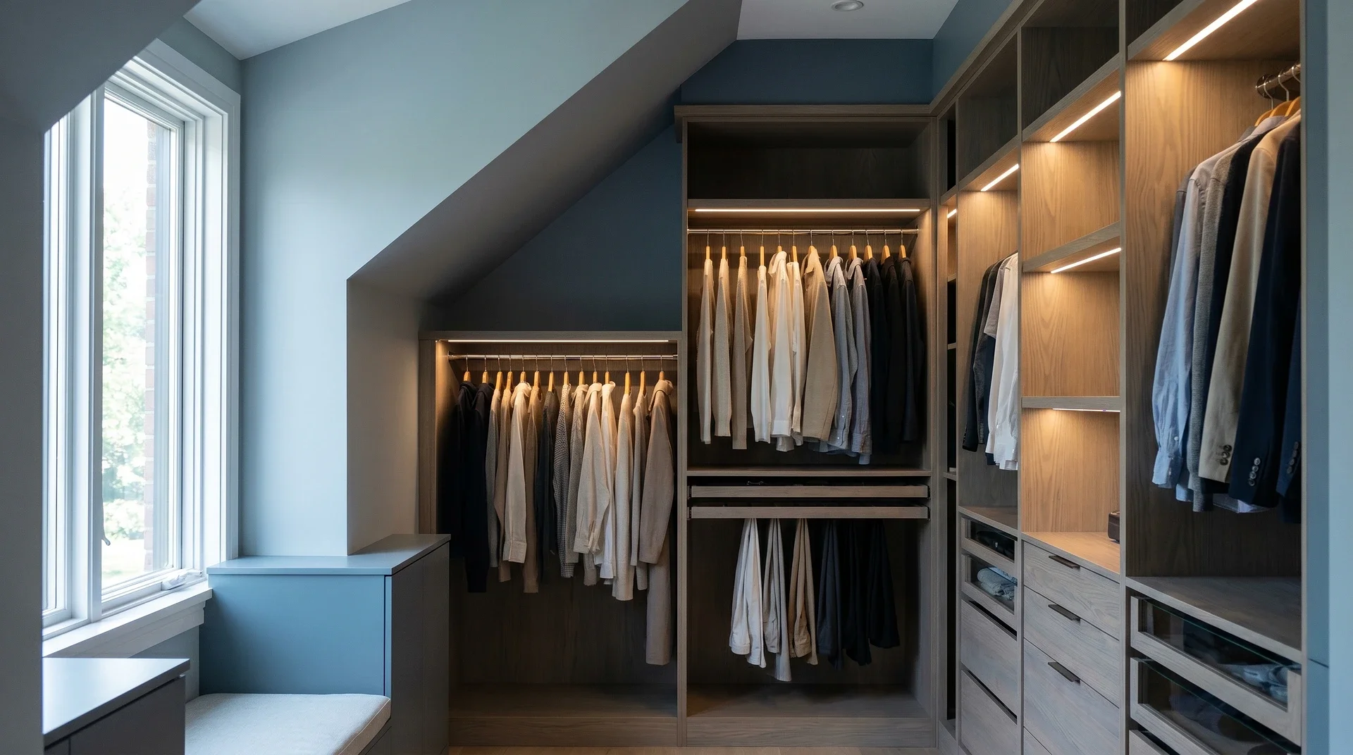 Modern walk-in-closet med belyst garderobsinredning i trä under snedtak.