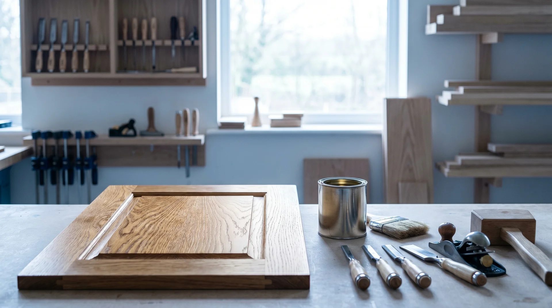 Snickeriverkstad med träpanel, verktyg och färgburk på arbetsbänk