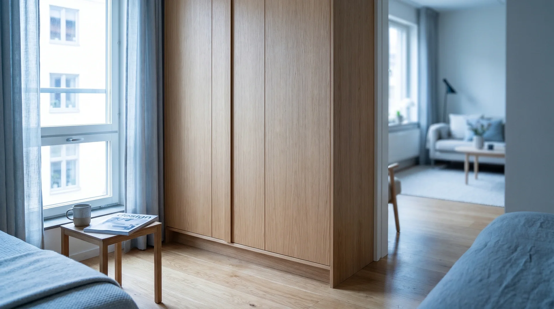 Modernt sovrum med ljust trägarderob vid fönster med utsikt mot grannbyggnad.