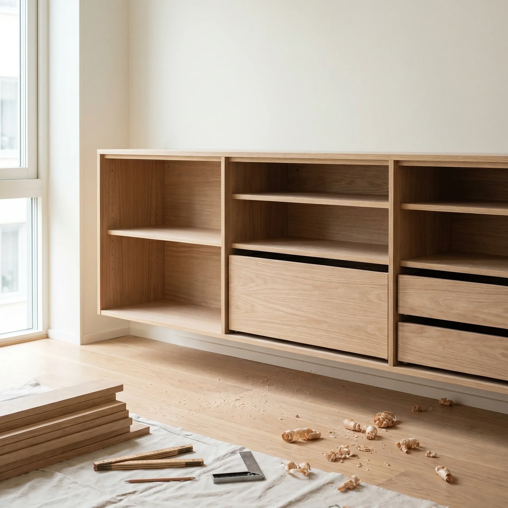 Platsbyggd träskåp under montering med verktyg och träspån på golvet.