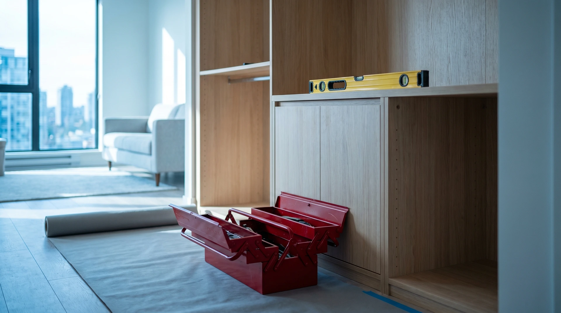 Röd verktygslåda och vattenpass framför skåp under renovering i modern lägenhet.